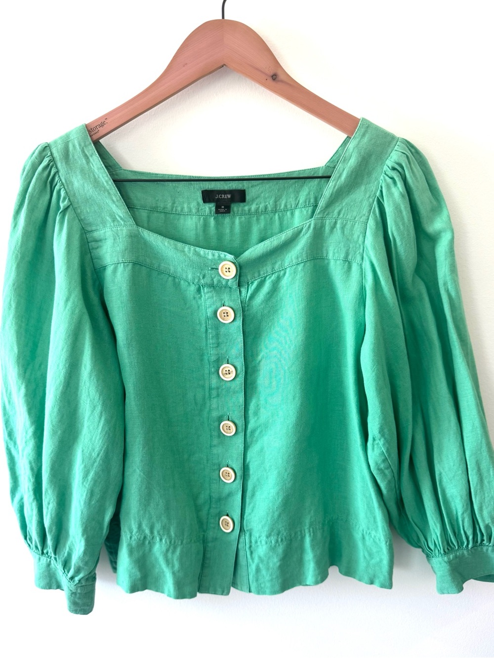 J.Crew 100% Linen Square Neck Button Front Puff Sleeve Blouse Green